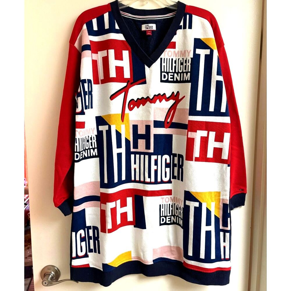 Tommy Hilfiger Denim Colorblock Spellout V Oversize Sweatshirt Tunic Dress 90s L
